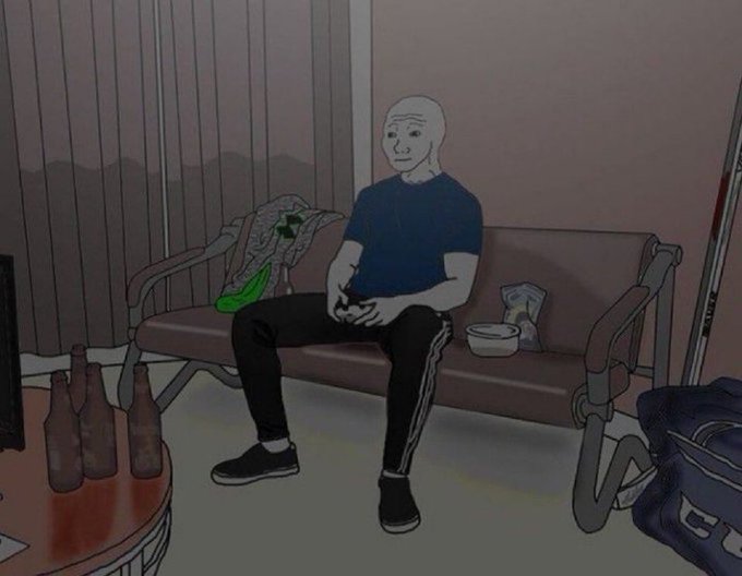 A digital illustration of a bald man in a blue shirt and black pants sitting on a couch in a cluttered room, holding a controller, with bottles on a table and a backpack nearby.