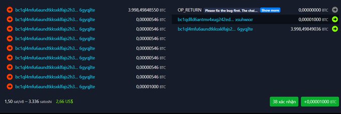 A cryptocurrency transaction history interface showing multiple failed transactions to 'bc1q4fm6...6gygjite', a successful OP_RETURN transaction with the text 'Please fix the bug first. The chai...', and a network fee of 2.66 US$.