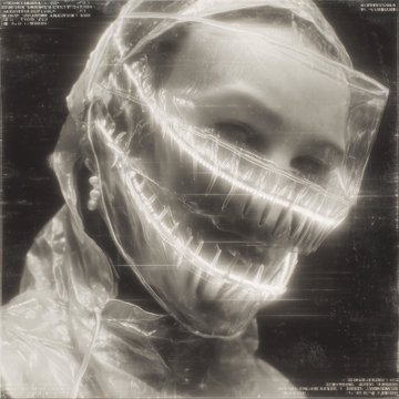 A black and white artistic portrait of a person wearing a transparent plastic hood/mask, featuring digital glitch effects and small text overlays around the edges.