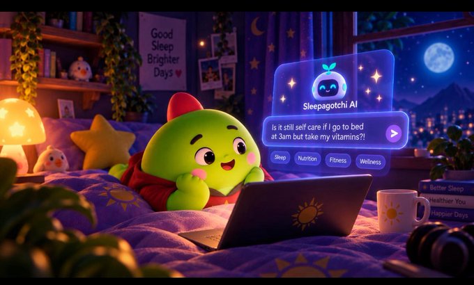A cute, colorful 3D illustration of a green character on a bed using a laptop to chat with 'Sleepagotchi AI,' asking, 'Is it still self care if I go to bed at 3am but take my vitamins?'