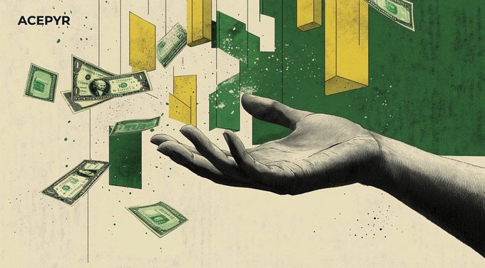 An illustrated graphic featuring a hand reaching up to catch falling dollar bills and gold bars against a green and beige background, with the text 'ACEPYR' in the upper left corner.