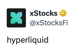 The image shows the verified Twitter/X profile of xStocks (@xStocksFi) with a post containing only the word "hyperliquid." This single-word post aligns with the caption's suggestion that xStocks is signaling an intention to launch or expand onto the Hyperliquid platform, following Jack Ma's earlier reference to Hyperliquid's stock token spot market.