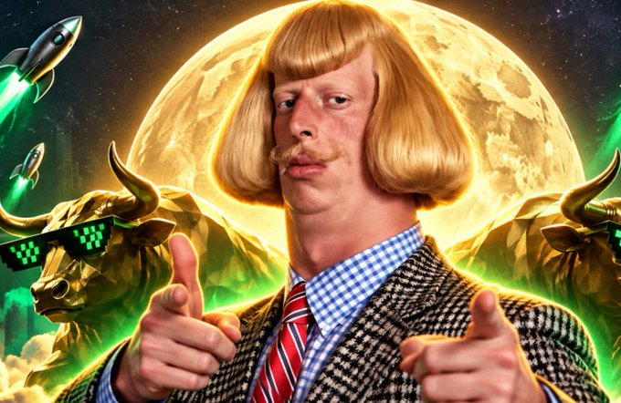 A man with a distinctive blonde bowl-cut hairstyle and mustache gives a double thumbs-up against a cosmic backdrop featuring a glowing full moon, rocket ships, and golden bull statues wearing pixelated "deal with it" sunglasses. The image's bullish imagery—both literal golden bulls and rocket ships signaling "to the moon"—paired with the meme character's enthusiastic endorsement humorously contrasts with the post's bewildered confusion about Solana purchases, suggesting tongue-in-cheek optimism about meme coins despite the skeptical question.