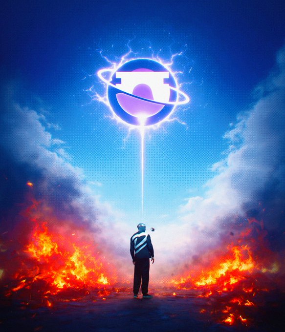 A dramatic digital artwork showing an astronaut standing between flames under a blue sky, looking up at a glowing planet-like symbol with lightning and a beam of light emanating from it.