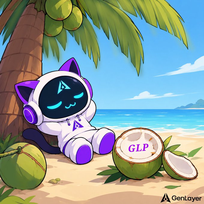 A digital illustration features a white and purple cat-like robot character with a blue digital face, relaxing on a tropical beach under a palm tree next to coconuts, one of which displays the text 'GLP', with the 'GenLayer' logo in the bottom right corner.