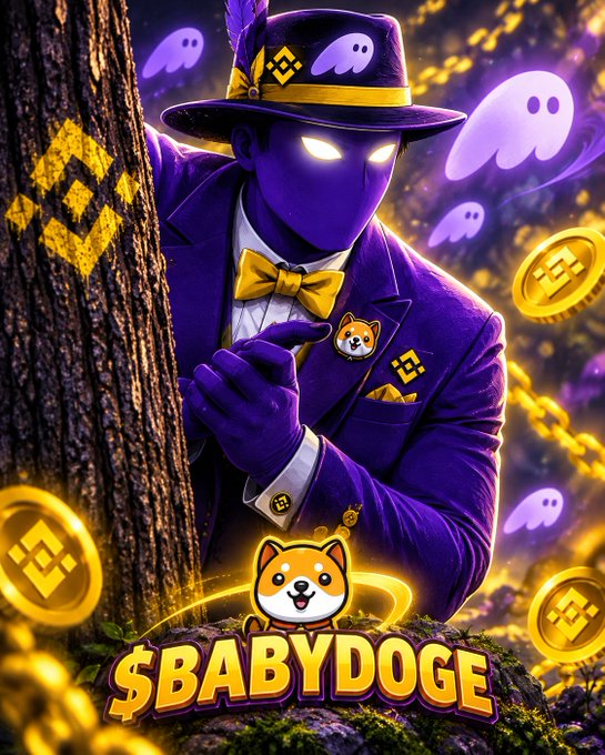 A vibrant digital illustration featuring a mysterious purple-suited character with glowing eyes and a Shiba Inu dog, surrounded by floating ghosts and gold coins, with the text '$BABYDOGE' displayed at the bottom.