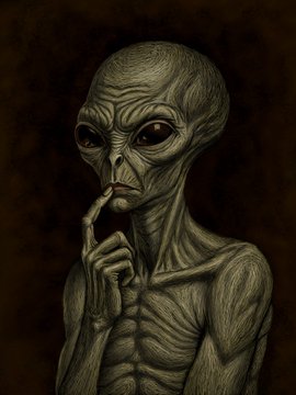 𝗧𝗵𝗲 𝗢𝗯𝘀𝗲𝗿𝘃𝗲𝗿 is a drawing of an alien with a finger over his lips, as if he's thinking or pondering something. The image also contains the text "The universe was endless yet he still felt alone 1/1 on @TransientLabs". This post seems to be discussing the concept of the vastness of the universe and how it can sometimes make us feel lonely despite its seemingly boundless nature.