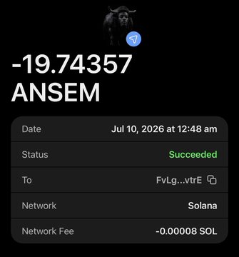 A screenshot of a successful Solana transaction showing a -19.74357 ANSEM token transfer to wallet FvLg...vtrE on July 10, 2026, with a network fee of -0.00008 SOL. This aligns with the post about sending out $ANSEM token drops to Solana wallets.