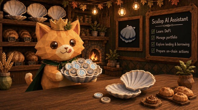 An illustration of a cat wearing a crown and green cape holding coins, with a chalkboard reading "Scallop AI Assistant" listing tasks like "Learn DeFi" and "Manage portfolio."