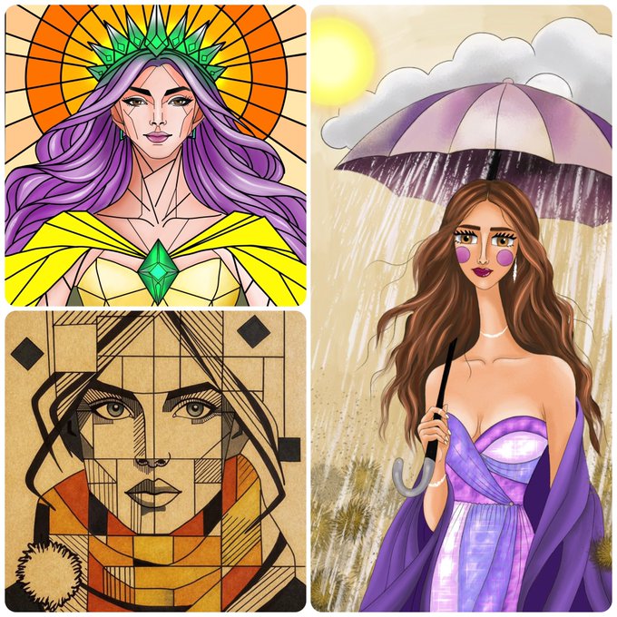 A four-panel illustration featuring a purple-haired figure with a crown on an orange stained-glass background, a stylized face on a brown and orange geometric background, and a brown-haired woman in a purple dress holding an umbrella in the rain.