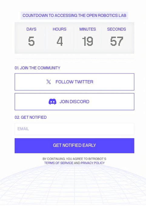 A countdown page for accessing the Open Robotics Lab showing 5 days, 4 hours, 19 minutes, and 57 seconds remaining, with options to follow on Twitter, join Discord, or get notified by email.