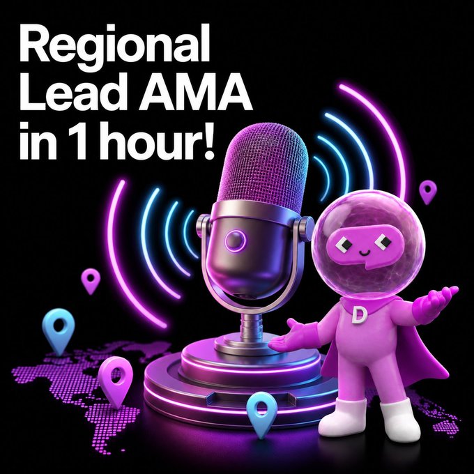 A 3D-rendered announcement for a 'Regional Lead AMA in 1 hour!', featuring a purple mascot character with a 'D' on its chest standing next to a glowing microphone.