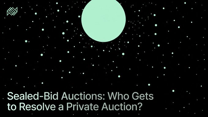 A dark starry night scene with a large pale green moon and scattered stars serves as the background, with the text "Sealed-Bid Auctions: Who Gets to Resolve a Private Auction?" overlaid at the bottom in white, accompanied by a small logo in the top left corner. The celestial imagery evokes the hidden, opaque nature of confidential markets, visually reinforcing the post's question about how sealed-bid auctions can produce a shared, verifiable outcome without any single party controlling the resolution of private positions.
