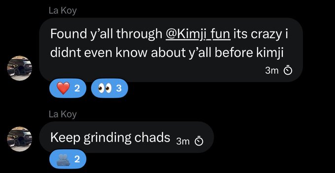 A user named La Koy posts messages saying "Found y'all through @Kimji_fun its crazy i didnt even know about y'all before kimji" and "Keep grinding chads," illustrating how the Kimji whale's recent deposit led to the discovery of The Bullpen NFT community.