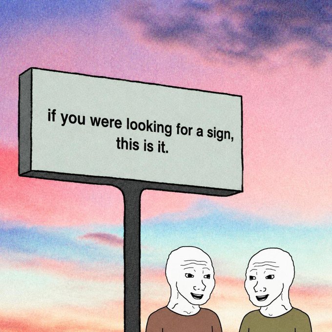 An illustration of two bald figures standing beneath a billboard reading 'if you were looking for a sign, this is it.' against a pink and blue sunset sky.
