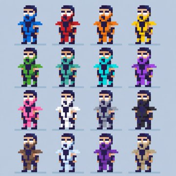 A pixel art sprite sheet displays 16 variations of a bearded man in different colored armor and outfits arranged in a 4x4 grid.