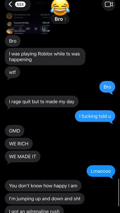 The screenshot shows a messenger conversation where the user excitedly tells someone they were playing Roblox during what appears to be a huge crypto price surge, with their portfolio showing major gains like "First Bitcoin Cat" at $1,208.15 (+2617%) and "Cursed Smiley" at $65.55 (+8056%). This relates to the post about teaching crypto to a 14-year-old brother, as it suggests the younger sibling made unexpectedly impressive gains on meme coins while casually gaming, highlighting the unpredictable nature of crypto success.