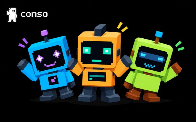 Three colorful pixel-art style robot characters (blue, orange, and green) standing together with the 'conso' logo featuring a polar bear in the top left.