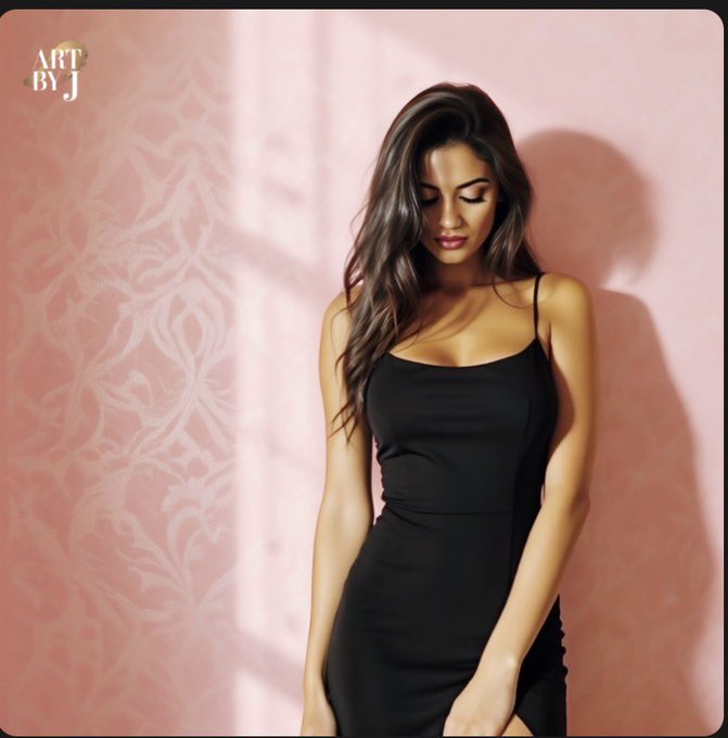 A digital illustration of a young woman with long brown hair wearing a tight black spaghetti-strap dress, posed against a pink patterned wall; the top left corner has an 'ART BY J' watermark.