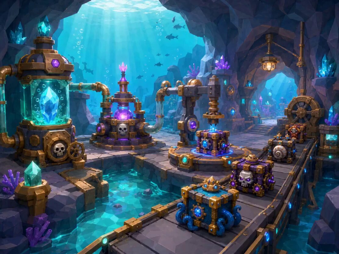 The image features an underwater scene with various elements such as a ship, a bridge, and a tunnel. The ship appears to be a submarine or a vessel that can travel through water, while the bridge connects two parts of the underwater world. The tunnel is located in a cave-like environment, which adds to the overall atmosphere of the scene.

In addition to these elements, there are several fish swimming around and interacting with each other within the underwater setting. Some of them are near the ship or the bridge, while others can be found closer to the tunnel. The presence of multiple fish in this scene suggests that it is a thriving aquatic environment where various species coexist and interact with one another.