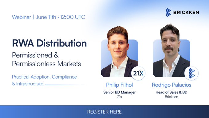 The image shows a poster for an event titled "RWA Distribution" with two men featured on it. The poster also includes information about tokenization and its impact on financial instruments moving across regulated venues, institutional platforms, and permissionless markets.