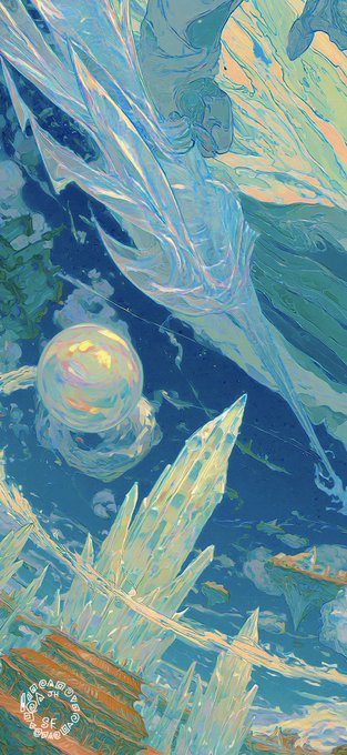A vibrant fantasy illustration depicts a glowing, iridescent orb floating among jagged, crystalline ice formations against a deep blue background.