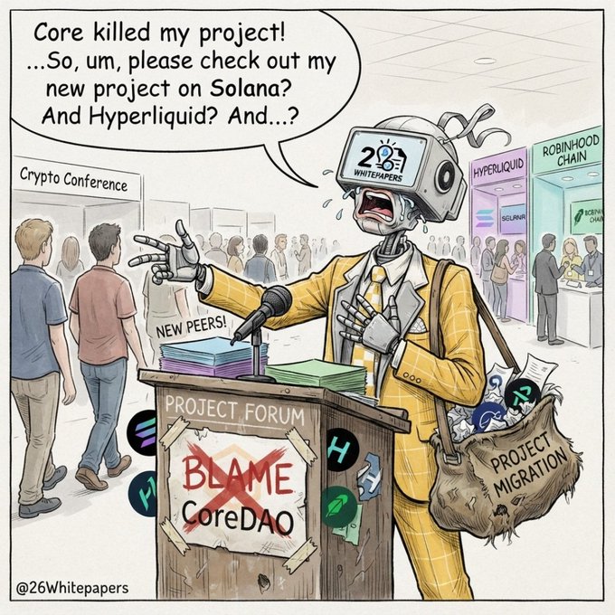 A satirical cartoon set at a 'Crypto Conference' where a crying robot salesman at a 'PROJECT FORUM' booth laments 'Core killed my project!', standing above a crossed-out 'BLAME CoreDAO' sign.
