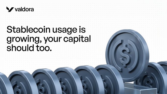 A Valdora advertisement with text 'Stablecoin usage is growing, your capital should too.' featuring an image of stacked silver coins with dollar signs.