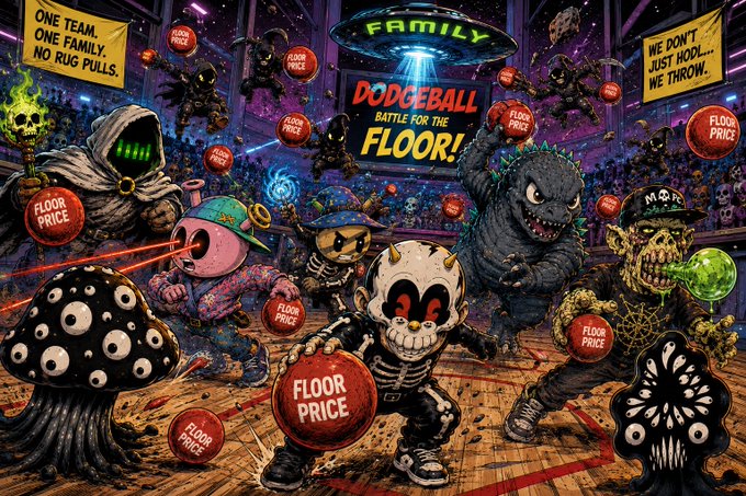 A vibrant cartoon-style illustration titled 'FAMILY DODGEBALL: BATTLE FOR THE FLOOR!' featuring various monstrous characters playing dodgeball, with banners reading 'ONE TEAM. ONE FAMILY. NO RUG PULLS.' and 'WE DON'T JUST HOOL... WE THROW.'