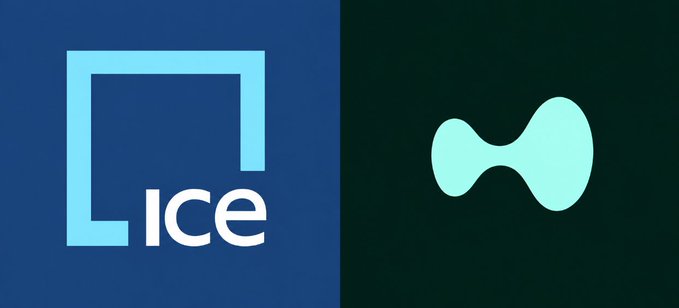 A split-screen graphic displays a light blue square logo containing the word 'ICE' on a dark blue background on the left, and a teal, curved icon on a dark green background on the right.