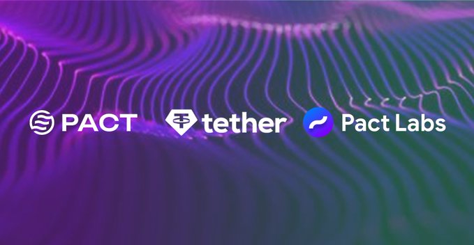 A purple and teal wavy abstract background featuring logos for PACT, tether, and Pact Labs.