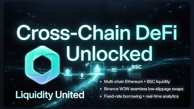 A promotional graphic for "Cross-Chain DeFi Unlocked," advertising multi-chain Ethereum + BSC liquidity, Binance W3W seamless swaps, and fixed-rate borrowing with the tagline "Liquidity United."