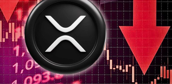 The image features a graphic design with a black circle containing a white X within a red border. The background of the design is a gradient of purple, pink, and orange colors, with a downward-pointing arrow pointing towards the bottom right corner. Below this, there are several data points scattered across the image in various shades of pink and orange. The text "XRP drop not mainly spot selling. Data points to derivatives positioning and liquidation pressure driving most of the move not broad retail exit." is written below the circle, providing context about the design elements.