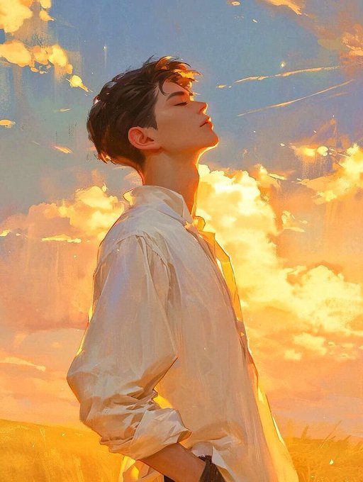 A digital painting of a young man in a white shirt with his eyes closed and face tilted up toward a dramatic golden sunset sky.