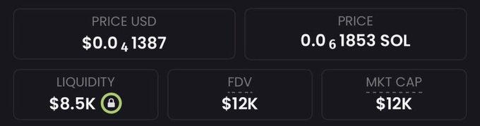 A screenshot displays cryptocurrency metrics for a token with a price of $0.04387 USD (0.061853 SOL), $8.5K liquidity, and both FDV and market cap at $12K, illustrating the tiny starting market cap referenced in the post's pitch for a potential 1000x gain to $10 million.