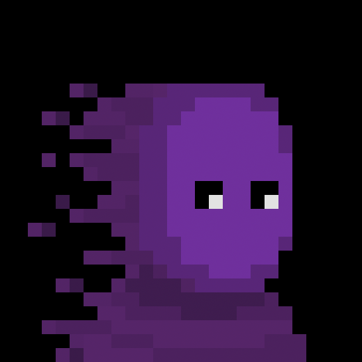 A pixel art image of a purple ghost-like character with white eyes against a black background, appearing to dissolve or pixelate on its left side.