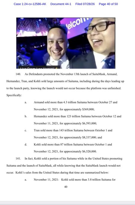 The image is a legal court filing page (Case 1:24-cv-12586-AK, Document 44-1, filed 07/28/26) detailing fraud allegations, stating that defendants—including Armand, Hernandez, Tran, and Kohli—sold approximately $21 million of Saitama tokens before the November 13th SaitamaMask launch, knowing the platform was unfinished, with specific sales amounts totaling ~$369,000, $6,593,000, $8,337,000, and $6,520,000 listed. The post's highlights about the team selling ~$21 million before the Vegas event and knowing Saitamask wasn't ready for launch directly correspond to the allegations and sales figures outlined in paragraphs 140-141 of the court document.