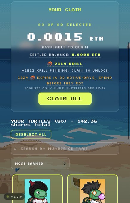 A mobile app screenshot showing a 'YOUR CLAIM' page with 0.0015 ETH available to claim, 2119 KRILL settled balance, and a 'CLAIM ALL' button, with a pixel-art turtle NFT collection called 'Whitelisted Turtles' visible at the bottom.