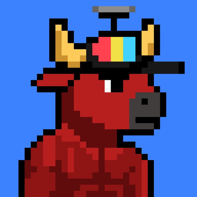 A pixel art illustration of a red demonic or robotic figure with golden horns and colorful rectangular eyes set against a blue background.
