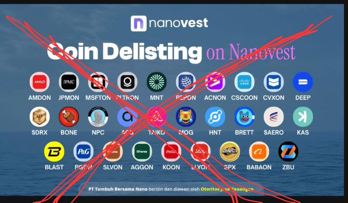 An announcement from Nanovest about 'Coin Delisting' listing various tokens (AMIDON, JPMON, MSFTON, PITRON, MNT, PEPON, ACNON, CSCOON, CVXON, DEEP, SDRX, BONE, NPC, AGG, TIKO, MOG, HNT, BRETT, SAERO, KAS, BLAST, P&G, SLVON, AGGON, KOON, LYORI, SPX, BABAON, ZBU), crossed out with large red X marks and a note that PT Tumbuh Bersama Nano is closed by Otoritas Jasa Keuangan.