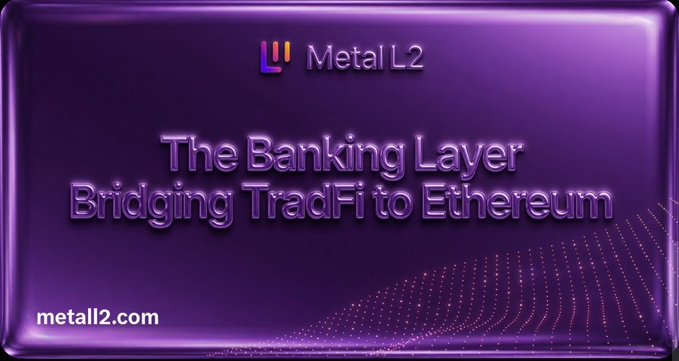 The image features a purple banner with white text that reads "The Banking Layer Bridging TradFi to Etherium" and "Stablecoins Leveled Up (XMD) @ MetallicusTDBN @ MetalL2". The banner is positioned on top of an image of a purple square, which has a wavy pattern. The background color of the image is purple as well.