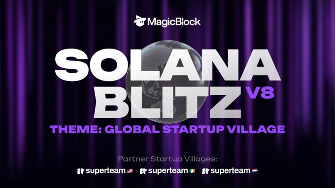 The image is a promotional graphic for "MagicBlock Solana Blitz V8" with the theme "Global Startup Village," featuring partner startup villages from Superteam Malaysia, Ireland, and the Netherlands, aligning with the post's announcement of launching startup villages globally.