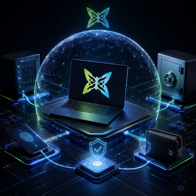 urn of data, butterfly-shaped shield, and laptop with butterfly logo on a black pedestal, accompanied by a phone displaying a fingerprint scan.