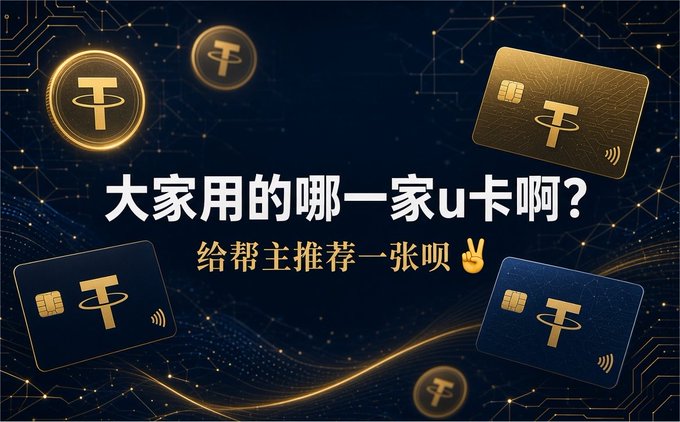 The image features a dark blue background with gold and navy credit card designs displaying the "₮" Tether (USDT) symbol, alongside Chinese text reading "大家用的哪一家u卡啊?" (Which U-card does everyone use?) and "给帮主推荐一张呗✌️" (Recommend one to the leader). It visually promotes the post's topic of choosing USDT-backed debit cards as a smart way to spend cryptocurrency amid price declines.