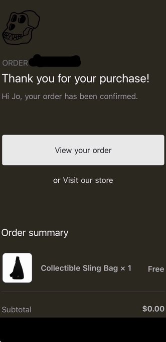 An order confirmation screen thanking 'Jo' for a purchase of a 'Collectible Sling Bag' which was free, showing a $0.00 subtotal.
