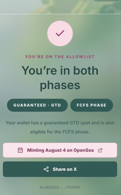 A confirmation screen showing the user is on the allowlist for both phases—Guaranteed (GTD) and FCFS—with a note that minting opens August 4 on OpenSea for the wallet address 0x3B6E55...7C9503, indicating their guaranteed eligibility to mint "Momo."