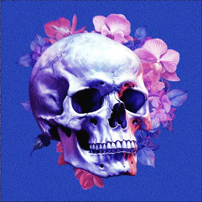 Stylized digital artwork of a human skull surrounded by pink flowers against a solid blue background.