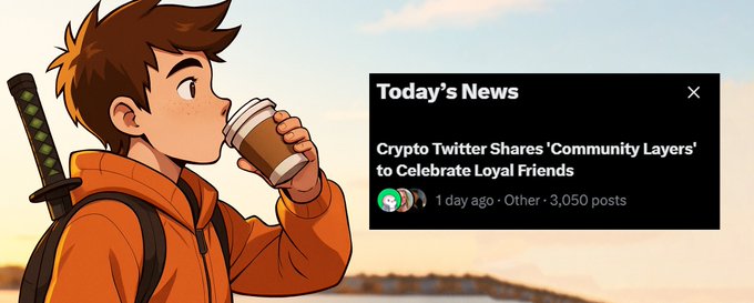 An anime-style character in an orange hoodie drinks coffee next to a news snippet titled 'Crypto Twitter Shares Community Layers to Celebrate Loyal Friends' from 'The Defiant'.