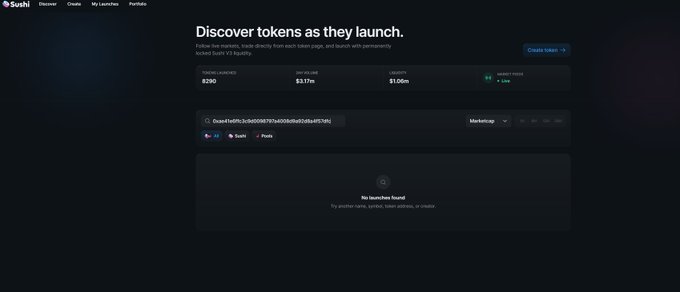 A screenshot of the Sushi cryptocurrency platform showing the text 'Discover tokens as they launch' with market stats.