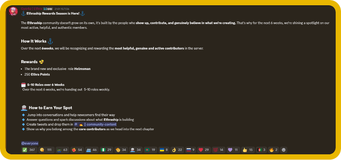 A community announcement from Ethxship titled 'Ethxship Rewards Season Is Here!' detailing rewards including role 'Helmsman', 250 Ethra Points, and G-10 Roles over 6 Weeks, with instructions on how to earn a spot.